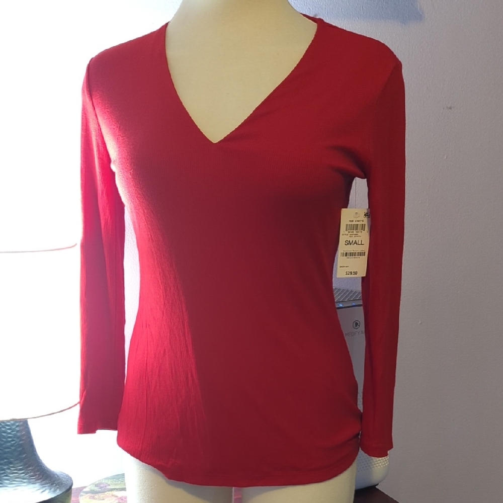 Red Plunge Neck Top